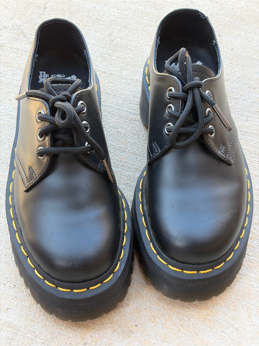 Dr. Martens Black Leather Lace-Up Platform Oxfords with Yellow Stitching